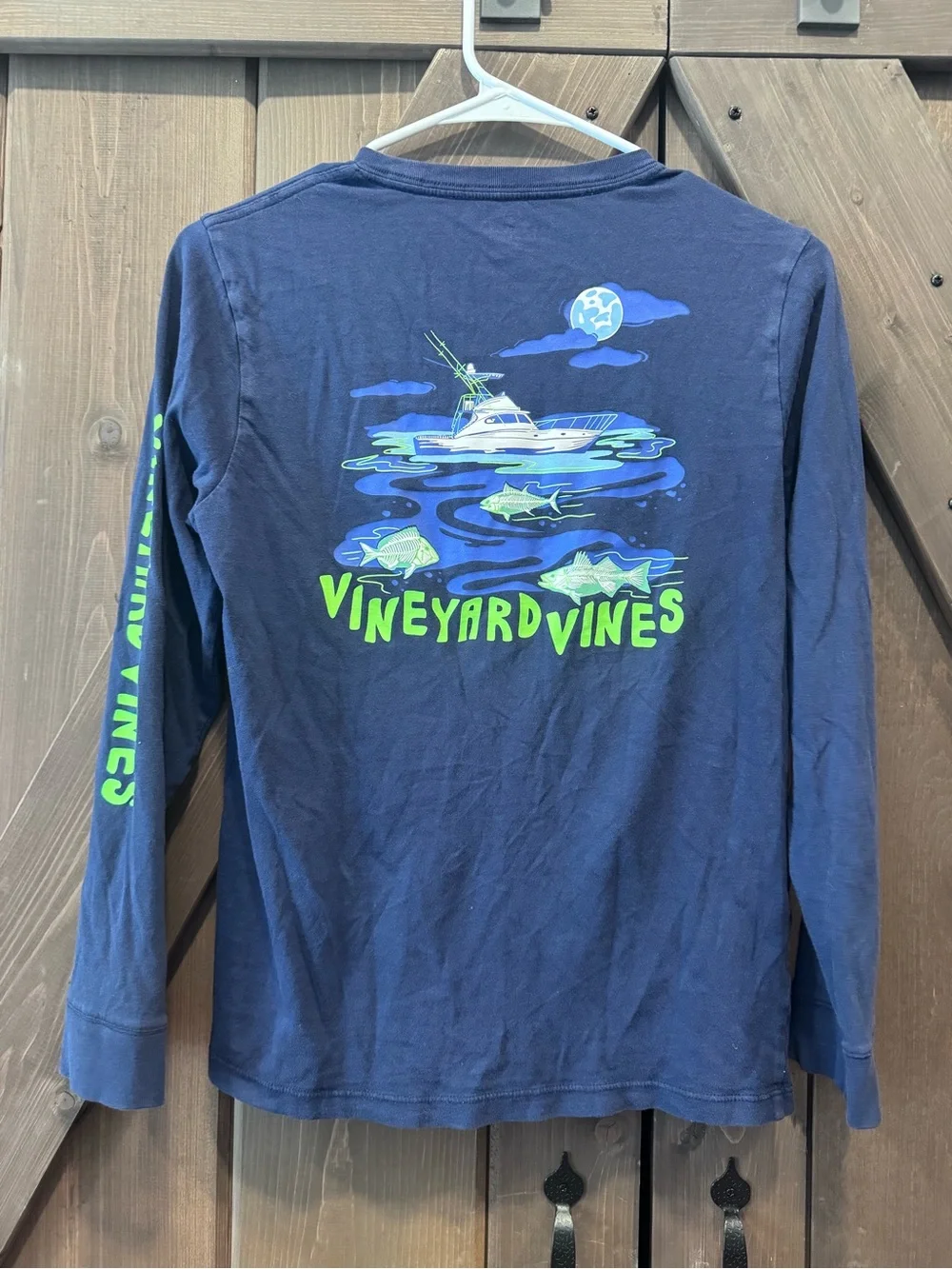Vineyard Vines Navy Long Sleeve Tee with Neon Green Sleeve Logo